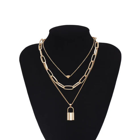 Stylish Multi-Layer Lover Lock Necklace – Golden