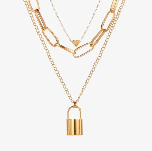 Stylish Multi-Layer Lover Lock Necklace – Golden