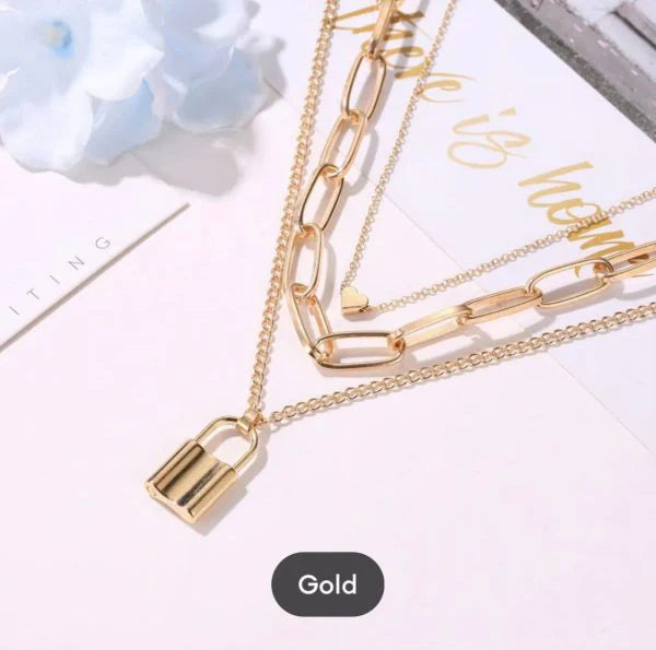 Stylish Multi-Layer Lover Lock Necklace – Golden