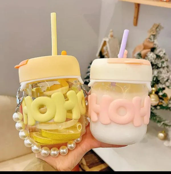 Aesthetic Glass Cup” Straw Tumbler Glass Drinking Bottle 350 Ml