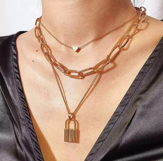 Stylish Multi-Layer Lover Lock Necklace – Golden